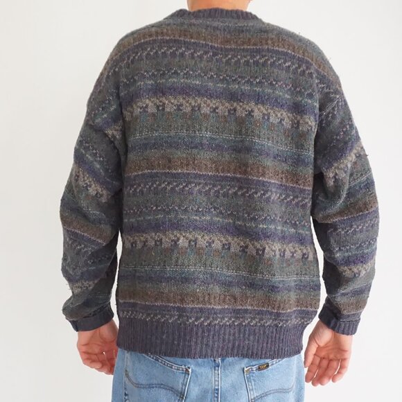 Vintage Eddie Bauer Wool Sweater Blue Green Brown Fair Isle Knit 90s Crewneck M - Picture 2 of 11